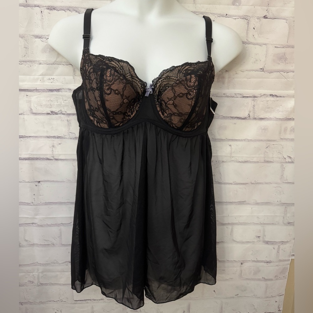Adore Me Babydoll Neglige Black Size 38DDD Chiffon Sheer Lace Underwire Sexy New